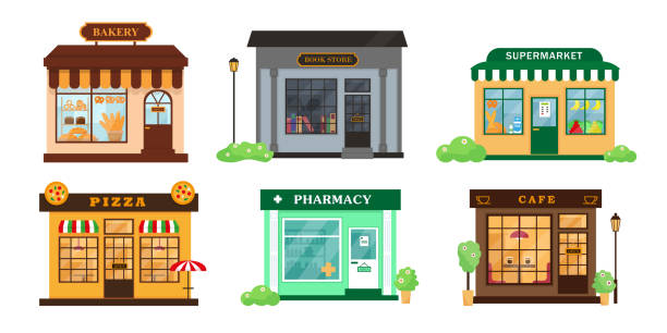 Set of city buildings. Book store, cafe, pharmacy, bakery, pizzeria and supermarket exterior. Set of city buildings. Book store, cafe, pharmacy, bakery, pizzeria and supermarket exterior. Vector illustrations isolatad on white background. restaurant labor union stock illustrations
