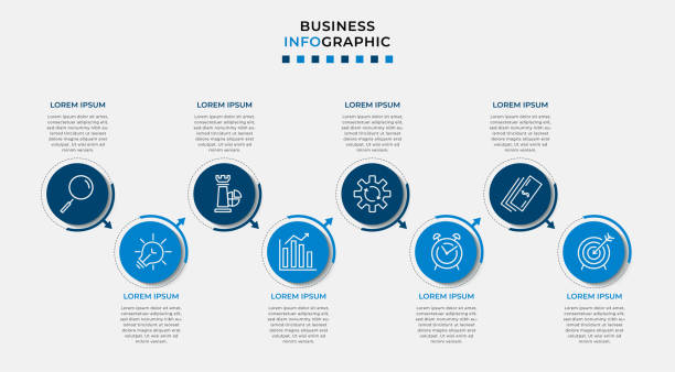 vector infografik design business vorlage mit symbolen und 8 optionen oder schritten. kann für prozessdiagramm, präsentationen, workflow-layout, banner, flussdiagramm, infografik verwendet werden - 8 stock-grafiken, -clipart, -cartoons und -symbole