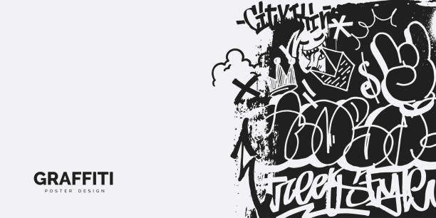 ilustraciones, imágenes clip art, dibujos animados e iconos de stock de diseño de banner de graffiti abstracto con lugar para texto. fondo de arte callejero en estilo hip-hop. ilustración vectorial. - color image pen city life art