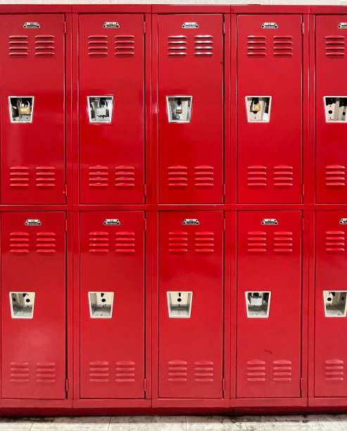 istock Wall of red lockers  for storage in workplace or school 1414511134