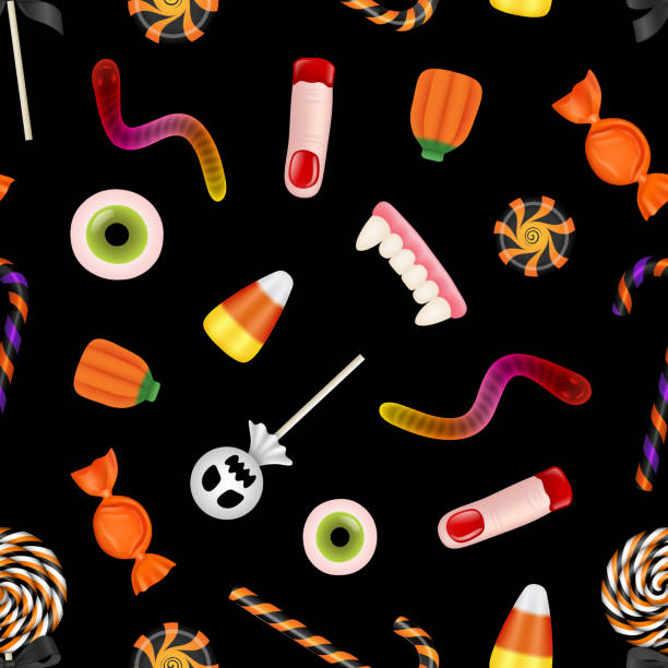 illustrazioni stock, clip art, cartoni animati e icone di tendenza di texture di halloween. modello senza cuciture con caramelle di halloween. - halloween candy candy corn backgrounds
