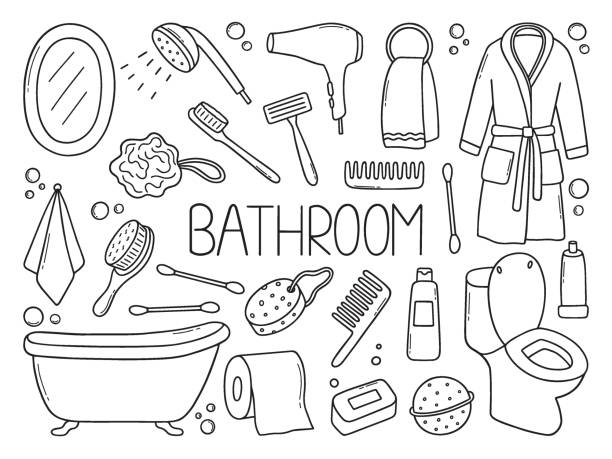 ÐÐ»Ñ ÐÐ½ÑÐµÑÐ½ÐµÑÐ° Hand drawn set of Bathroom doodle. Towel, bathrobe, shower, bathtub, mirror in sketch style. Vector illustration isolated on white background. safety razor stock illustrations