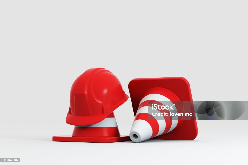 Traffic cones and hardhat 3D. Isolated Construction Site, Traffic Cone, Three Dimensional, Safety, Construction Industry Three Dimensional Stock Photo
