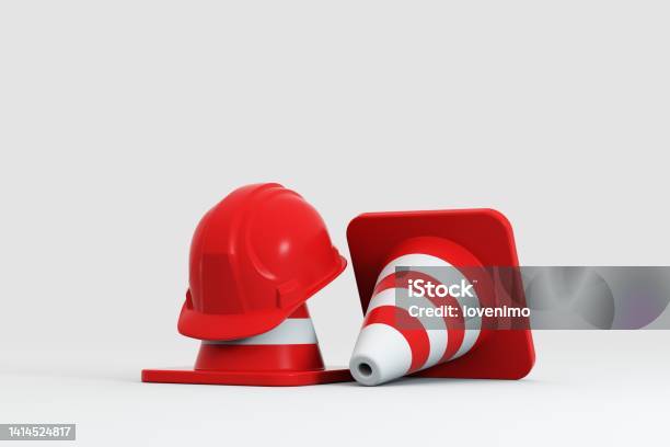 Traffic Cones And Hardhat 3d Isolated Stock Photo - Download Image Now - Three Dimensional, Icon, Cone Shape