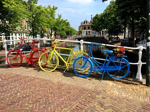 Colorful Bikes on a Bridge in Delft, Netherlands