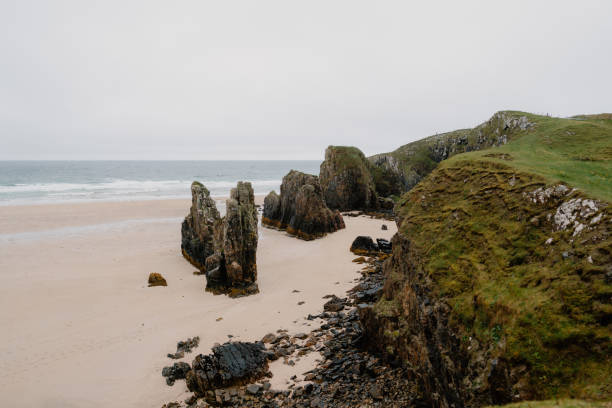 istock Rocky pinnacles protrude from beach on moody day 1414531412