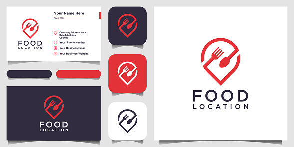 food location logo design, with the concept of a pin icon combined with a fork and spoon. business card design