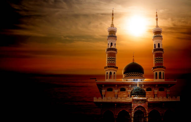istock Mosques Dome and Moon on night twilight Sky dark red Background 1414534915