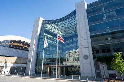 Washington, DC, USA - June 23, 2022: The U.S. Securities and Exchange Commission (SEC) headquarters in Washington, DC. The primary purpose of the SEC is to enforce the law against market manipulation.