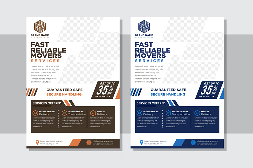 Abstract vertical flyer about logistics business. diagonal space for photo collage and discount element. blue and brown flat colors with white background. Minimalist Trend, layout A4 size