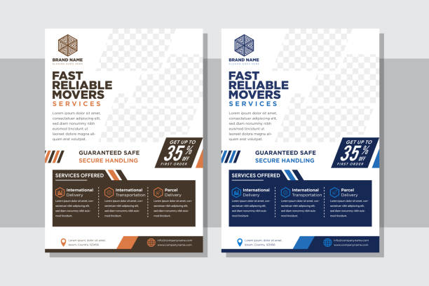 fast reliable mover services, logistics flyer design template in vertical layout Abstract vertical flyer about logistics business. diagonal space for photo collage and discount element. blue and brown flat colors with white background. Minimalist Trend, layout A4 size flyer leaflet stock illustrations