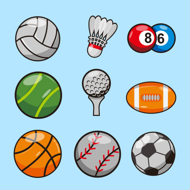 ilustrações de stock, clip art, desenhos animados e ícones de set of sport balls and object equipment for exercise - rugby cartoon team sport rugby field