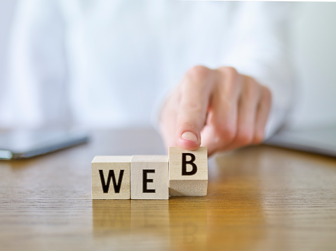 Businesswoman forming ‘Web’ text with cubic blocks