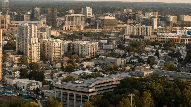 istock Stamford financial district with modern buildings. Distant aerial view. 1414547517
