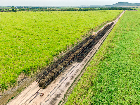 Farm transport: aerial view looking down on empty and loaded sugar cane train bins amongst cane fields with ranges in background: small diesel locomotive shunting efficient sugar cane train (tramway) on 610mm (2') track. The locomotive is exchanging  empty bins for the bins loaded with cut cane for the mill.