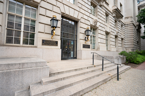 Washington, DC, USA - June 21, 2022: One of the entrances to the U.S. Environmental Protection Agency (EPA) Headquarters at Federal Triangle in Washington, DC.