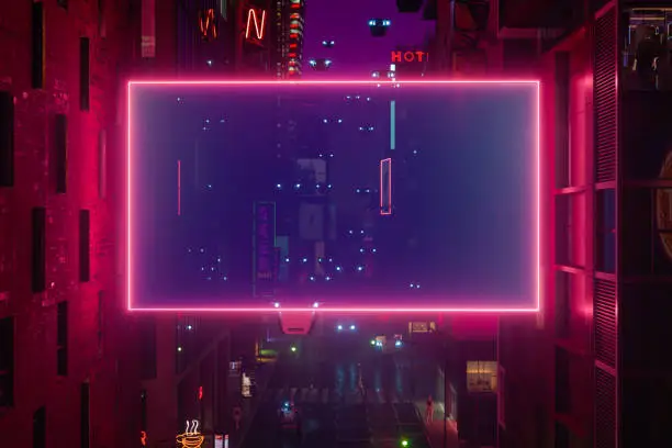 Metaverse Cyberpunk Style City With Empty Billboard, Robots Walking On Street, Neon Lighting On Building Exteriors And Flying Cars