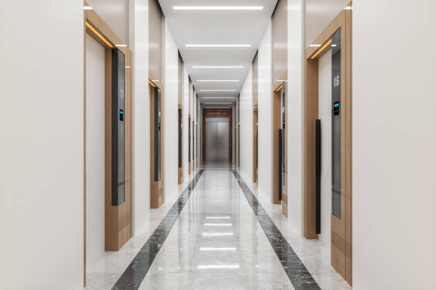 empty hotel corridor with led lights - door symmetry wood hotel imagens e fotografias de stock