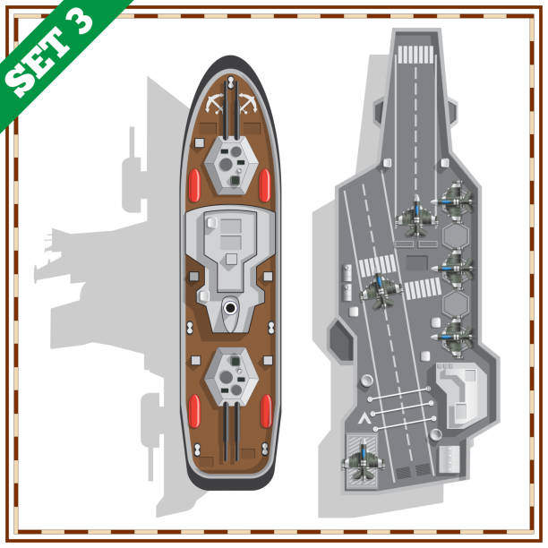 ilustraciones, imágenes clip art, dibujos animados e iconos de stock de un conjunto de buques de guerra. - portaaviones