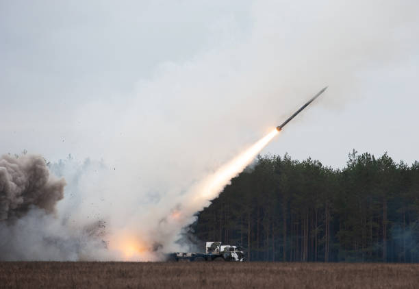Launch of military missiles (rocket artillery) at the firing field during military exercise