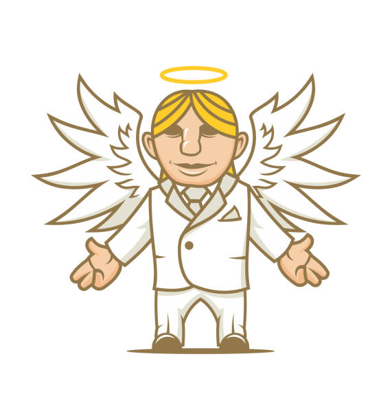 illustrazioni stock, clip art, cartoni animati e icone di tendenza di angelo in una mascotte vettoriale del personaggio vettoriale - fondo raggera