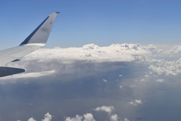 istock See-through aircraft window with airplane wing flying on beautiful dramatic blue sky. 1414560866