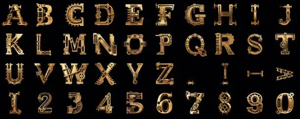 Steampunk style alphabet from mechanic parts on black background