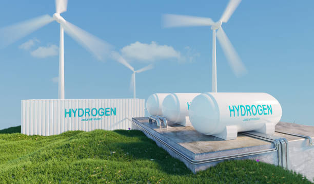 istock hydrogen power and wind tubine for generate green hydrogen, zero emission power 1414565899