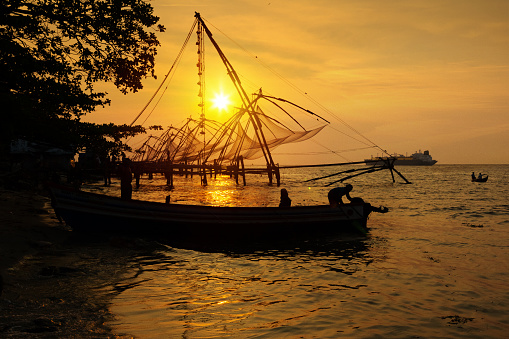 The fishermen's harbour in Fort Kochin, Kerala, India.