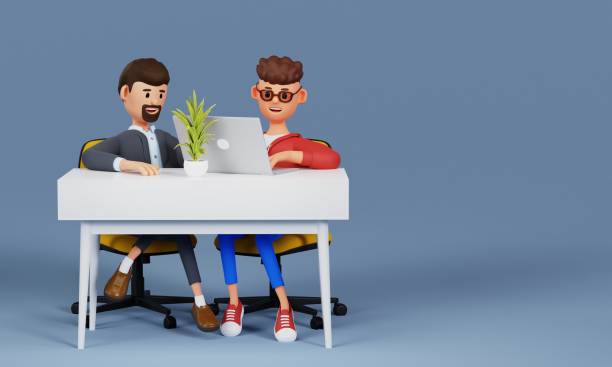 istock Cartoon businessmen, freelancers work at a table in a modern office on a laptop. Workplace concept. 3d illustration 1414568905