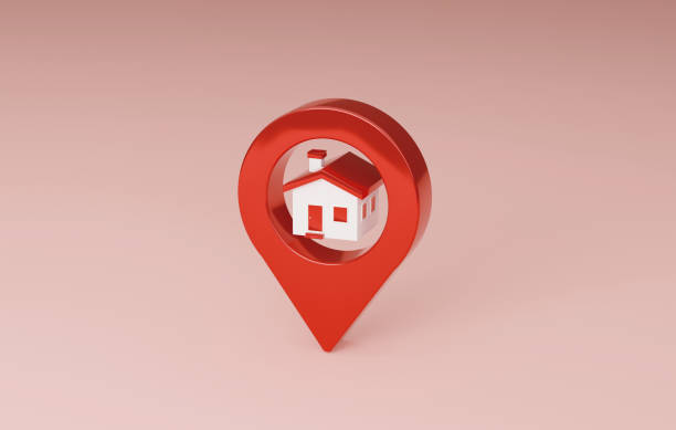 Red location pin and home icon house.