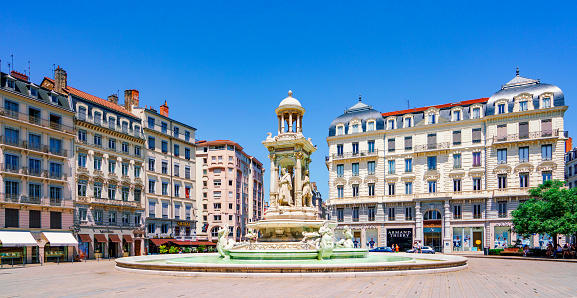 Fountain in Place des Jacobins old town square Lyon France