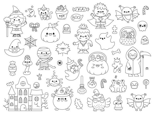 ilustrações de stock, clip art, desenhos animados e ícones de vector black and white kawaii halloween clipart set for kids. cute line samhain party coloring page. scary collection with jack-o-lantern, haunted house, ghost, skull, bat, witch, vampire - witch halloween cauldron bat