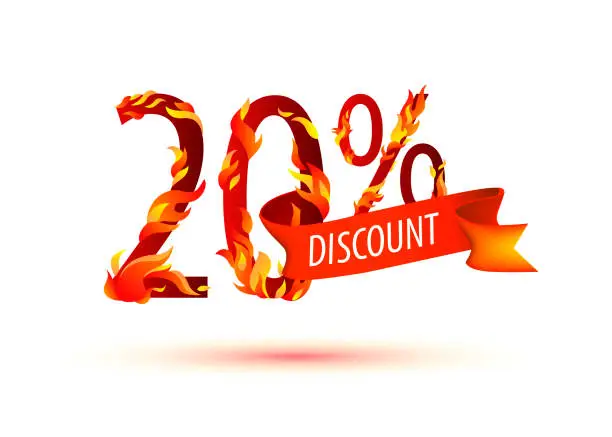 Vector illustration of 20 percent discount. Symbol with flaming fire