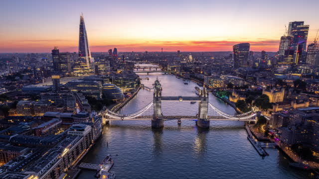 Hyperlapse view River Thames & city Skyline London United Kingdom England timelapse aerial shot