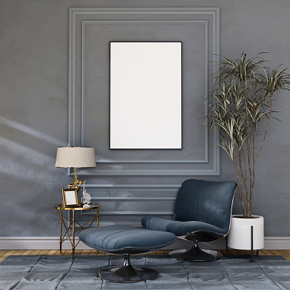 mock up poster frame in modern interior fully furnished rooms background, living room, Scandinavian style, 3D rendering