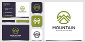 istock Linear mountain sun sky vector icon logo design. Travel adventure nature logotype symbol. logo design and business card 1414577750