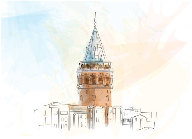 galataturmzeichnung, lichtfarben vektor - galata tower stock-grafiken, -clipart, -cartoons und -symbole