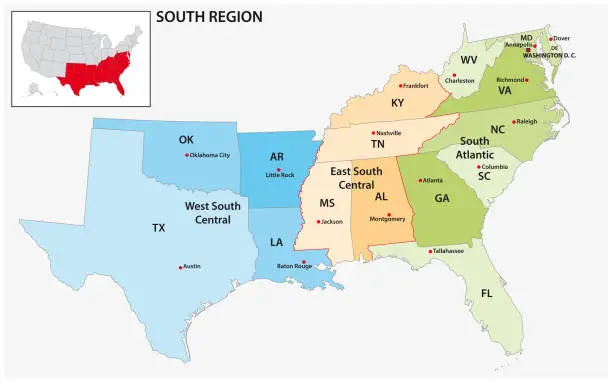 Vector illustration of Administrative vector map of the US Census Region South