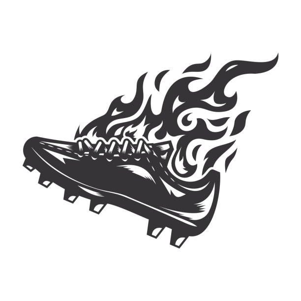 ilustraciones, imágenes clip art, dibujos animados e iconos de stock de hot stud soccer shoe fire logo silhouette.soccer club diseño gráfico logotipos o iconos. ilustración vectorial. - botas de fútbol