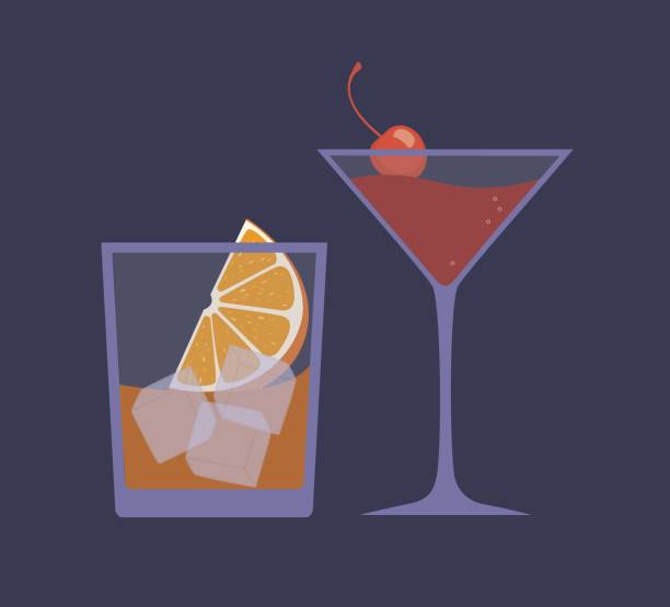 alkoholische cocktails: kosmopolitisch mit maraschino und altmodisch mit orange und eis im flachen stil auf lila hintergrund, vektorillustration - new york city built structure glass backgrounds stock-grafiken, -clipart, -cartoons und -symbole