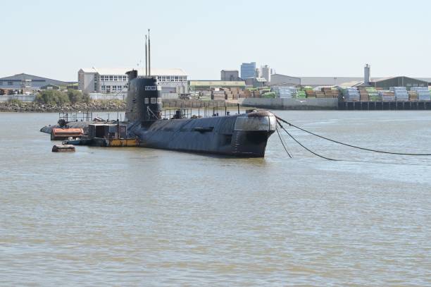 Cherbourg, France - Apr 16, 2024: The Le Redoutable-class submarine was a ballistic missile submarine class of the French Navy. Sunny spring day. Selective focus