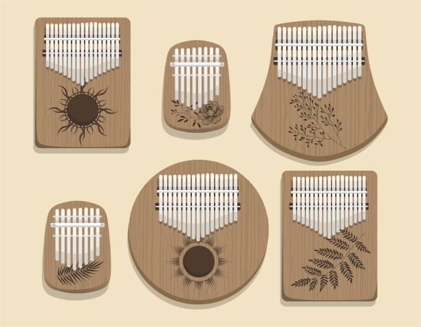 ilustraciones, imágenes clip art, dibujos animados e iconos de stock de conjunto de kalimba. instrumento musical tradicional africano. mbira de madera popular africana. - thumb piano illustrations