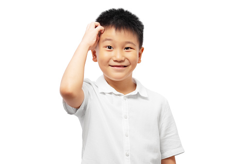 Confused funny kid with hand scratching head isolated on white background