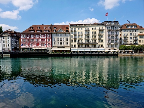 Lucern with its historic city center and the river Reuss. The Image was captured during summer season.