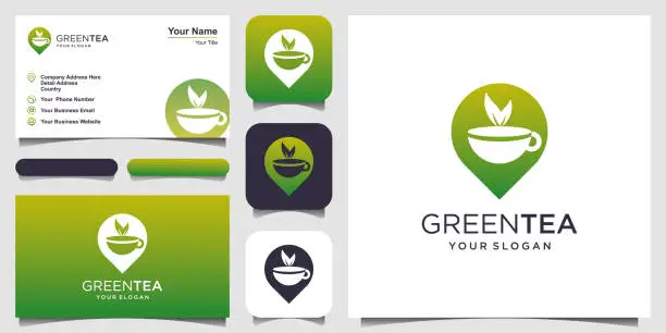 Vector illustration of Cup of tea with Pin location Logo Design Element and business card design. Tea house vector design. Hot aroma tea with green leaves logotype.