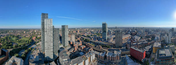 istock Panoramic Manchester City Centre Drone Aerial View Above Building Work Skyline Construction Blue Sky Summer Beetham Tower Deansgate Square 2022 1414588220