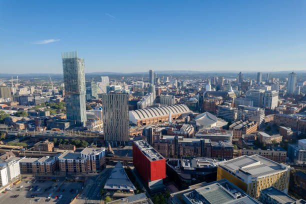 istock Manchester City Centre Drone Aerial View Above Building Work Skyline Construction Blue Sky Summer Beetham Tower Deansgate Square 2022 1414588242