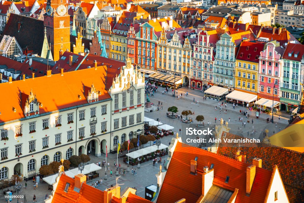Aerial panoramic view of Wroclaw Market Square. Wroclaw, Poland Aerial panoramic view of Wroclaw Market Square. Wroclaw, Poland, Europe Poland Stock Photo