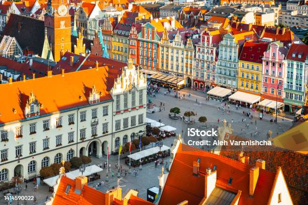 Aerial Panoramic View Of Wroclaw Market Square Wroclaw Poland Stock Photo - Download Image Now